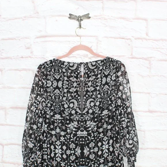 NEW Max Studio Black 100% Polyester Floral Cold Shoulder Sleeves Dress Size M - Picture 9 of 11